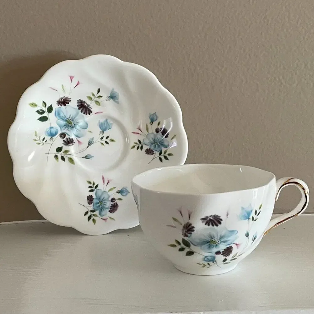 VTG Royal Swansea Bone China, England, Teacup & Saucer, Blue Floral